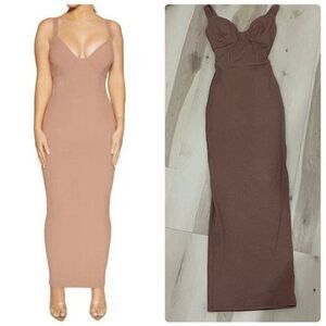 Naked Wardrobe Brown Faux Bustier Midi Dress Neutral Minimalist Fall Chic